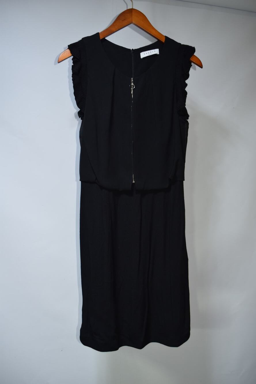 Sandro Paris Black Ruffle Sleeve Zip Front Midi Dress Size 2 US 6 Medium